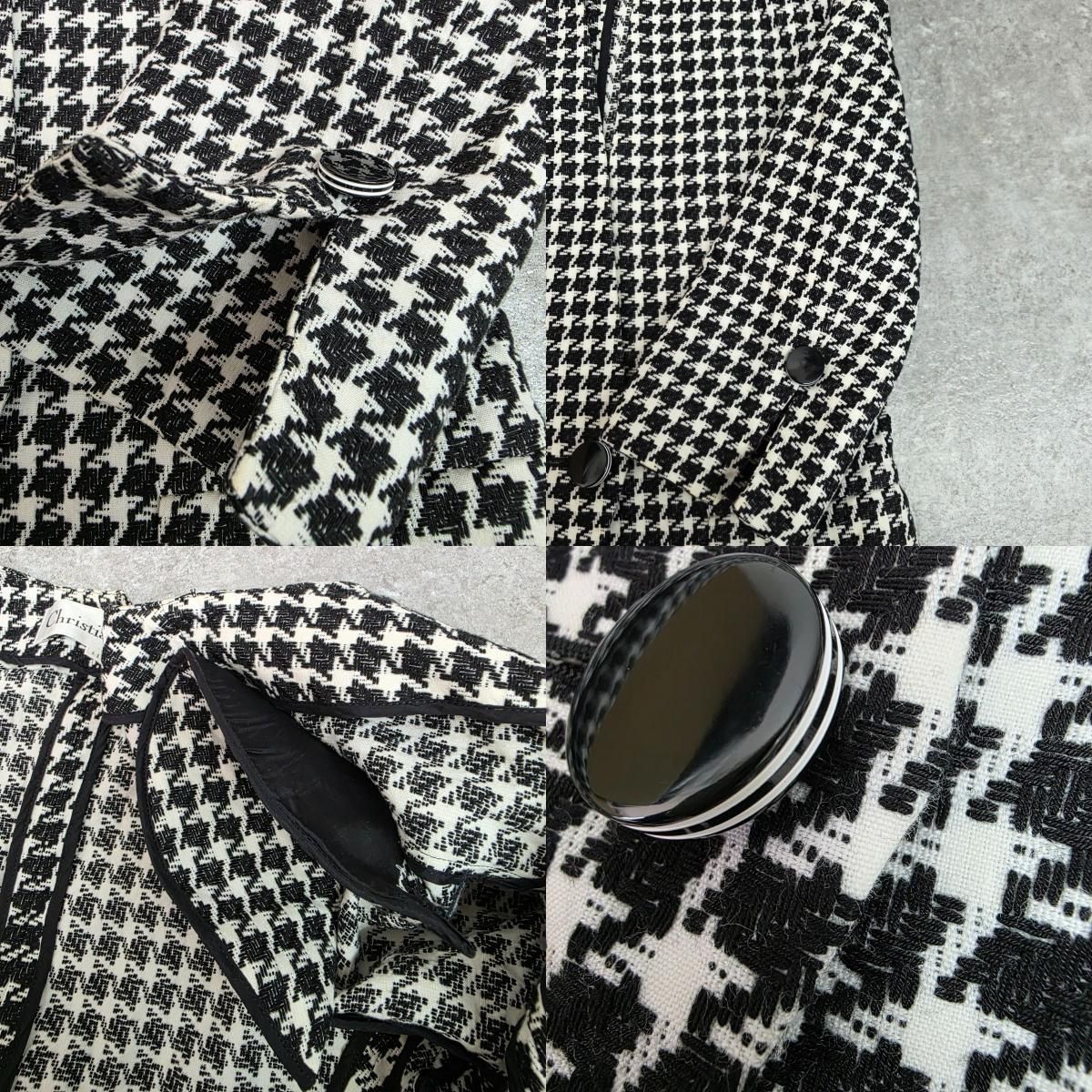 【美品✨】クリスチャンディオール ノーカラージャケット 千鳥格子 ラメ混 黒 S Christian Dior クリスチャンディオール 千鳥格子 7分袖 ヴィンテージ