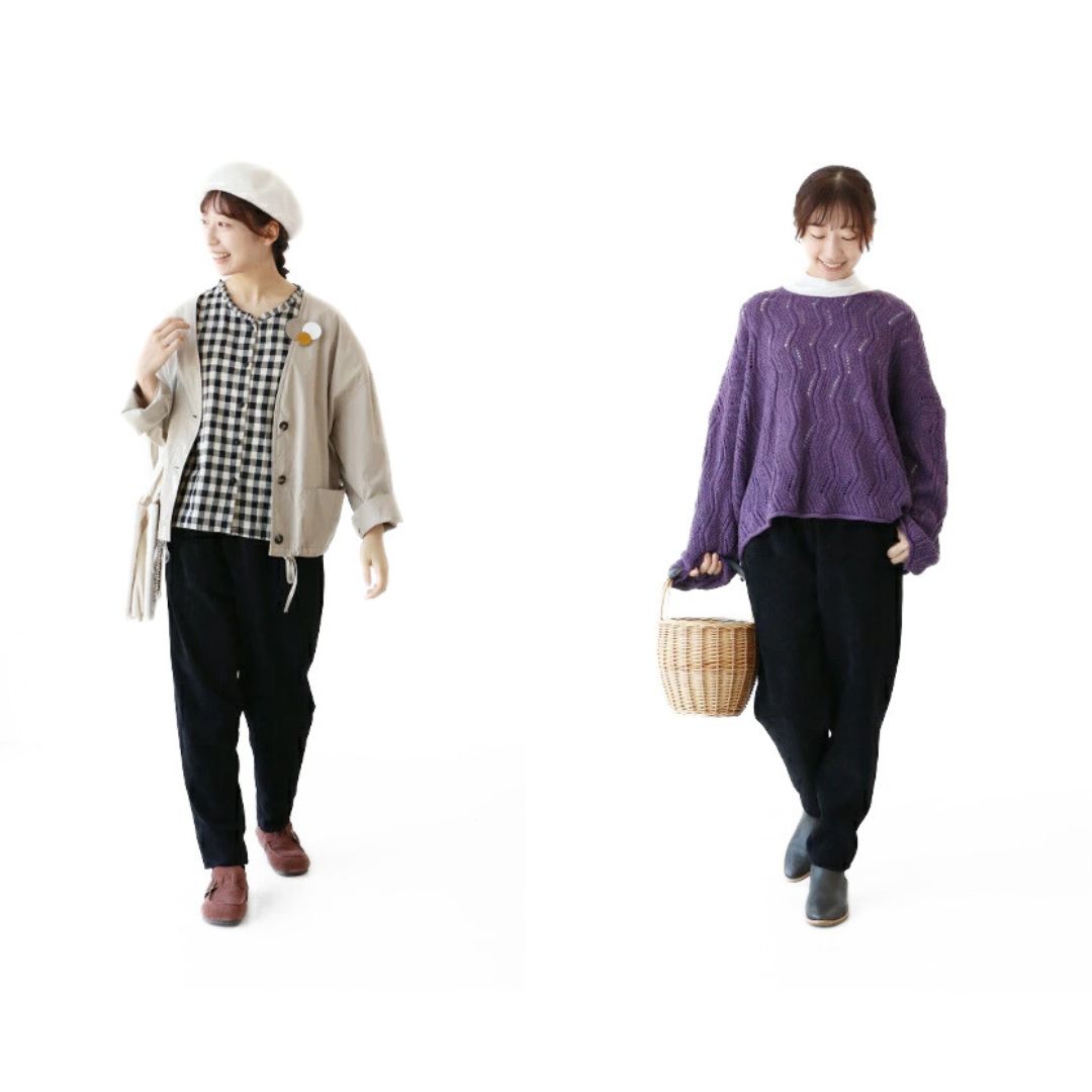 sanpo kusche　パンツ　コーデュロイ　ブラック　裏起毛　ウエスト総ゴム　【大活躍コーデュロイパンツ】