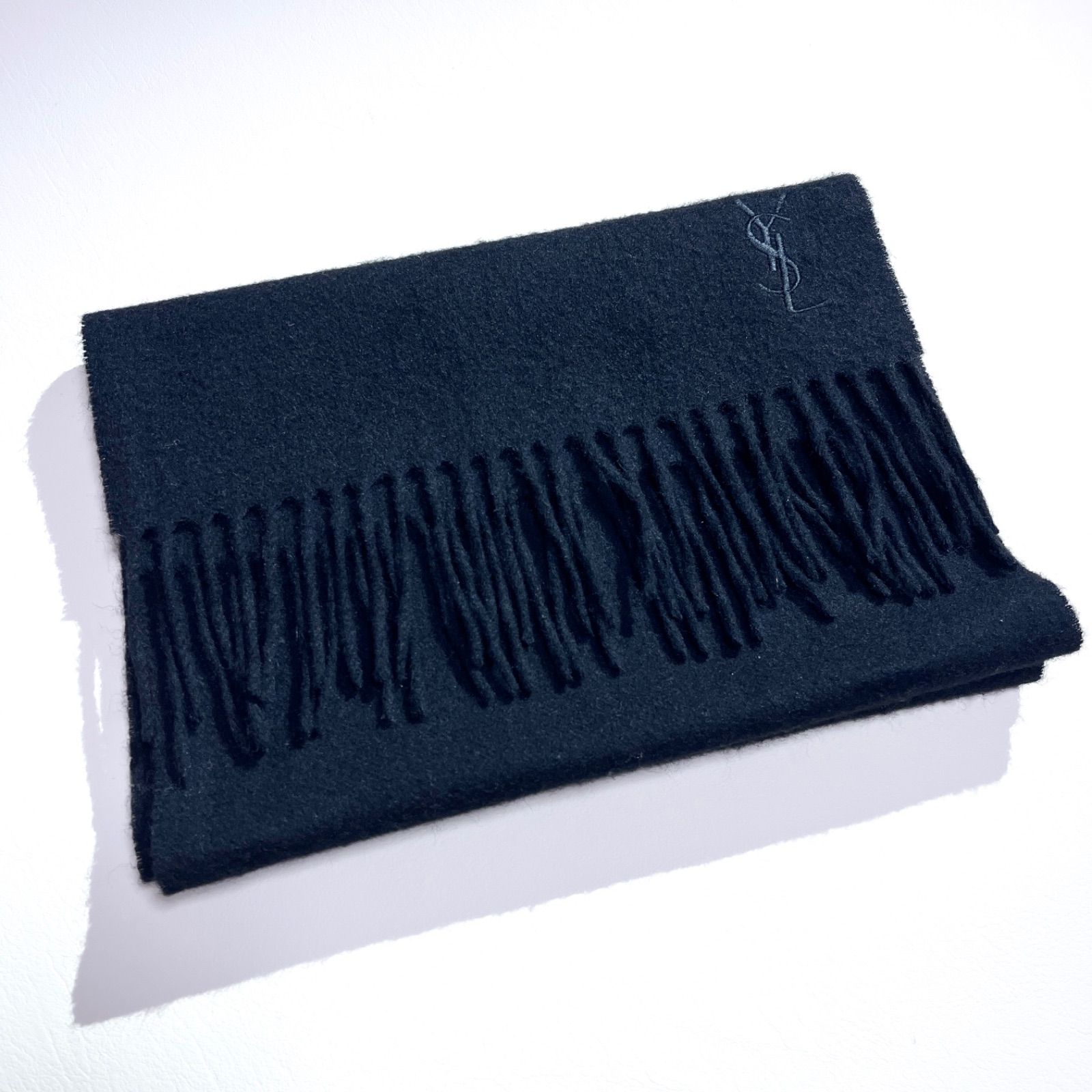 kZ76 Yves Saint Laurent ロゴ 刺繍 マフラー YSL フリンジ ピュア 