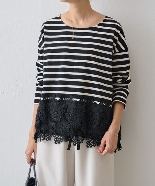 cY48 未使用級 BEARDSLEY ボーダー カットソー レース 裾 刺繍 花柄