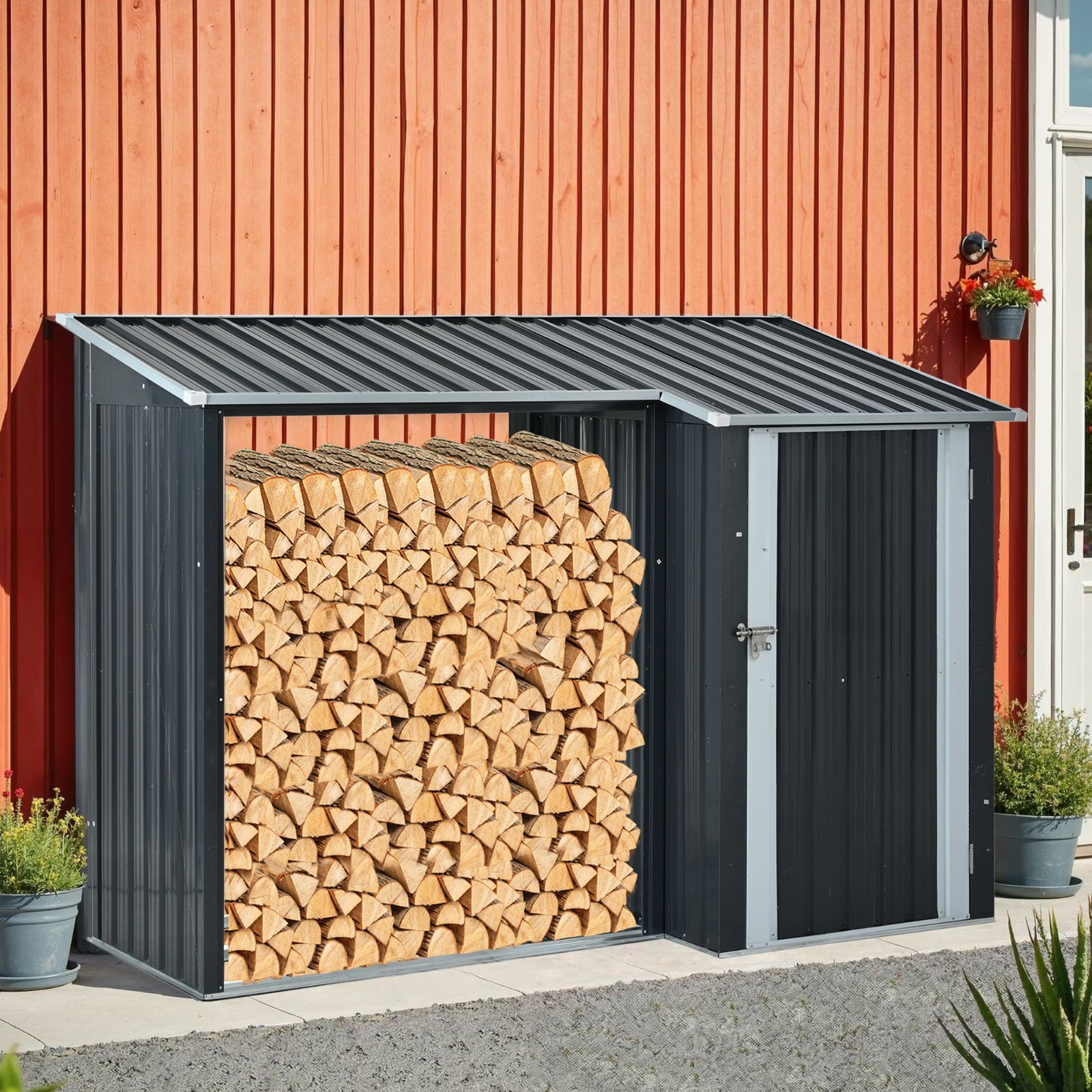 タイムセール！薪小屋＆戸外収納庫 屋根付き 耐荷重300KG スチール製で 