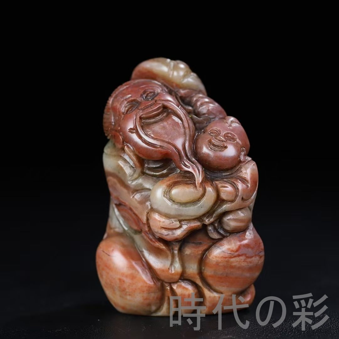 旧蔵 寿山石 子孫楽 彫刻 手握り件】原石原色 篆刻 印材 彫刻 印鑑