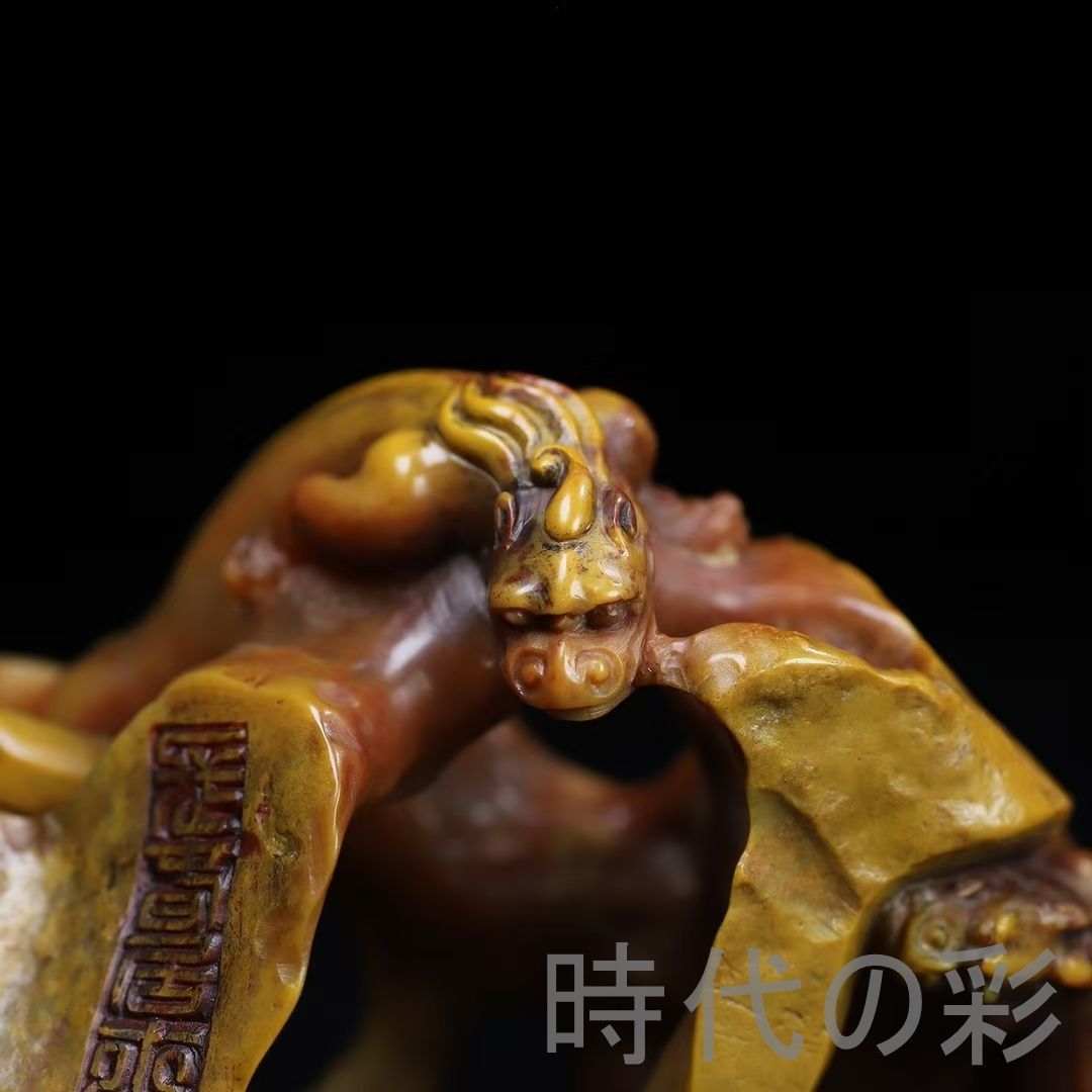 旧蔵 寿山石 ?龍献瑞 環彫 置物】瑞祥古趣 篆刻 印材 彫刻 印鑑 印章 
