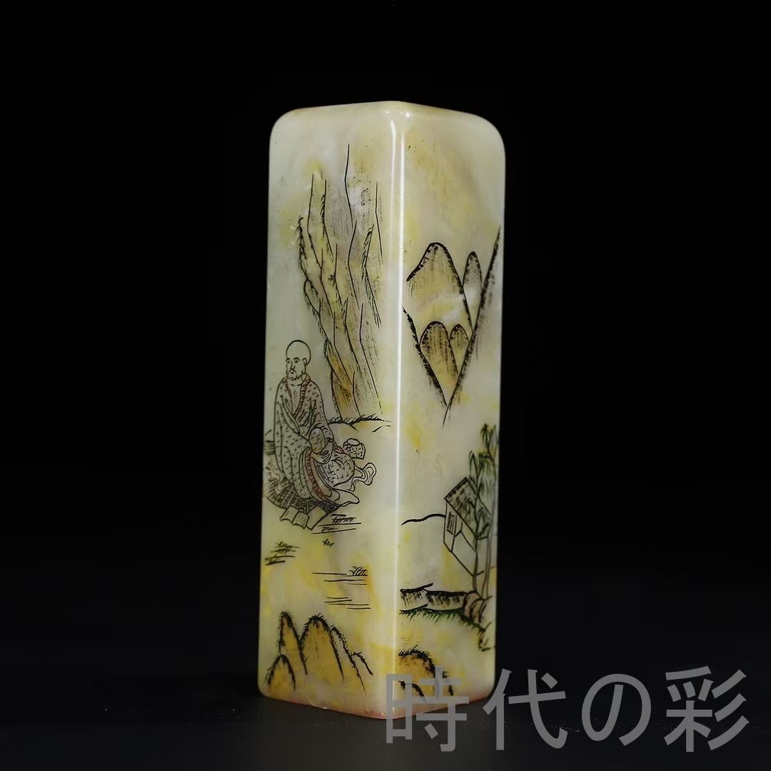 旧蔵 寿山石 羅漢 薄意彫 印章】静謐古趣 篆刻 印材 彫刻 印鑑 印章