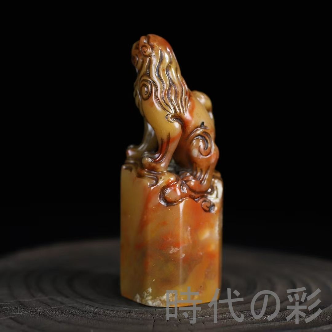 旧蔵 寿山石 瑞獣鈕 六角印章】端正古雅 篆刻 印材 彫刻 印鑑 印章