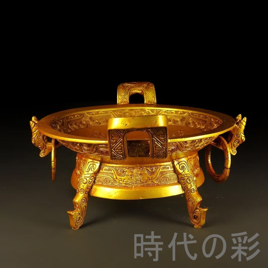 中国古美術 古銅 描金 純銅製 鼎型香炉 鍍金仕上げ 祭祀用 風水置物 金属工芸 細密細工 古置物 古賞物 古擺件 唐物 R08011109