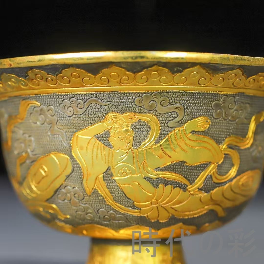 中国古美術 鍍金銅碗 鏨刻手工 酒器 茶器 観賞用 伝統金属工芸 収蔵