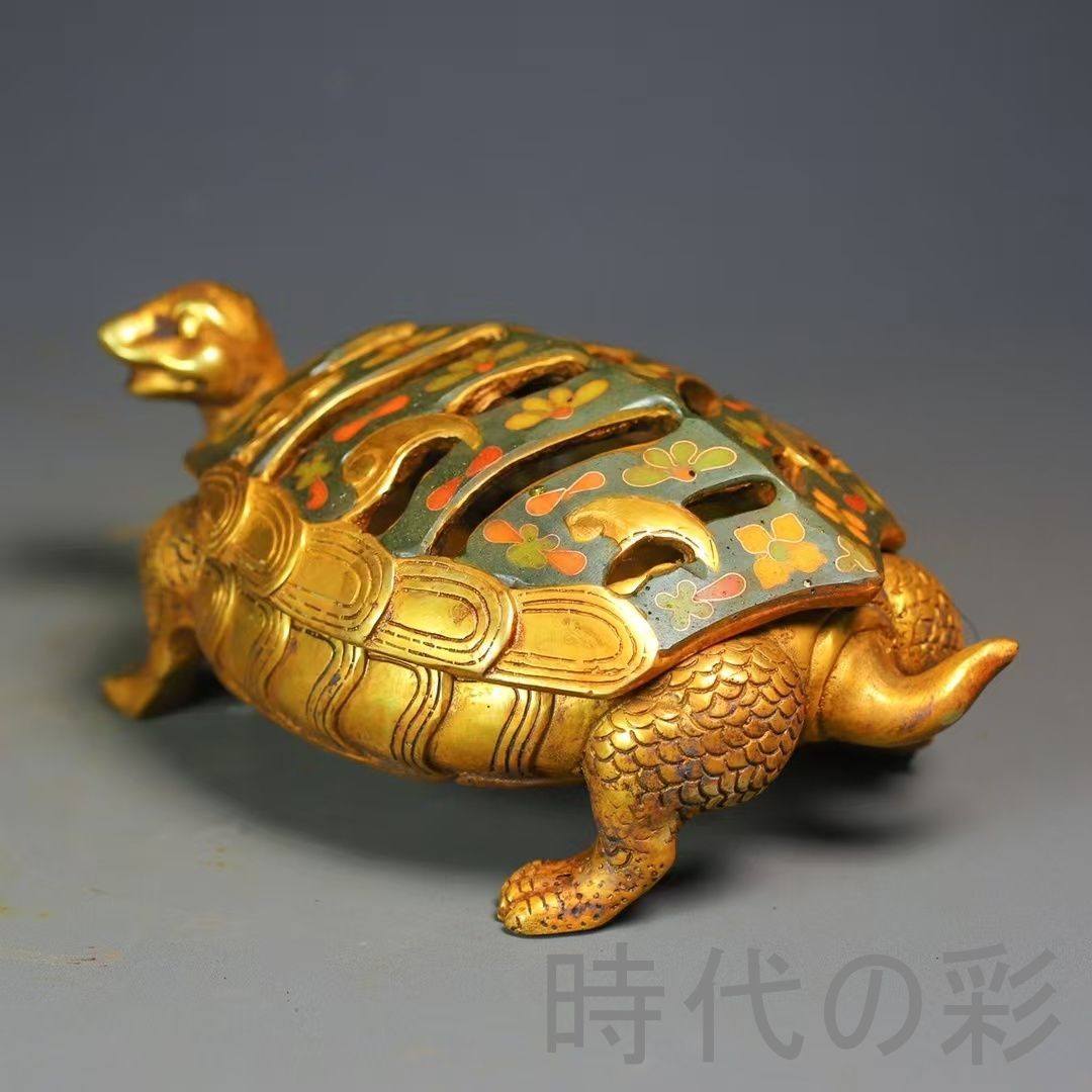 中国古美術 鍍金銅 描金 純銅製 景泰藍 亀型香炉 仏具 香道用 伝統工芸