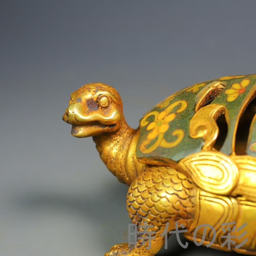 中国古美術 鍍金銅 描金 純銅製 景泰藍 亀型香炉 仏具 香道用 伝統工芸