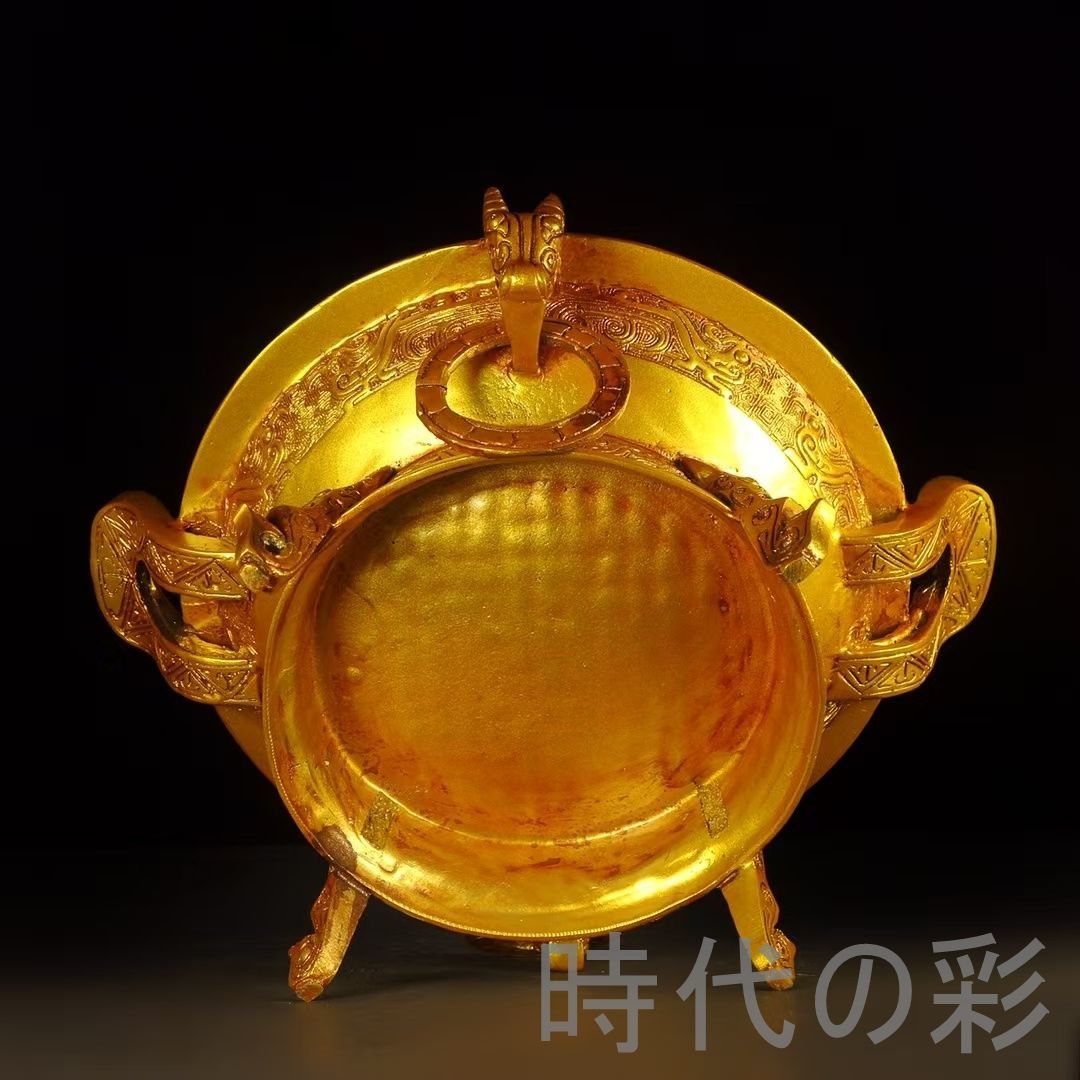 超目玉枠】中国古美術 古銅 描金 純銅製 鼎型香炉 鍍金仕上げ 祭祀用