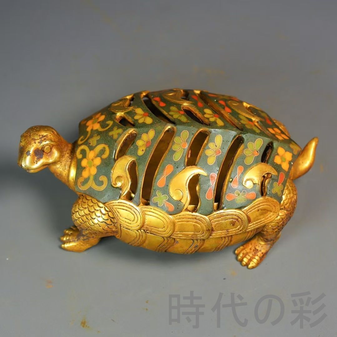 中国古美術 鍍金銅 描金 純銅製 景泰藍 亀型香炉 仏具 香道用 伝統工芸 細密細工 古置物 古賞物 古擺件 唐物