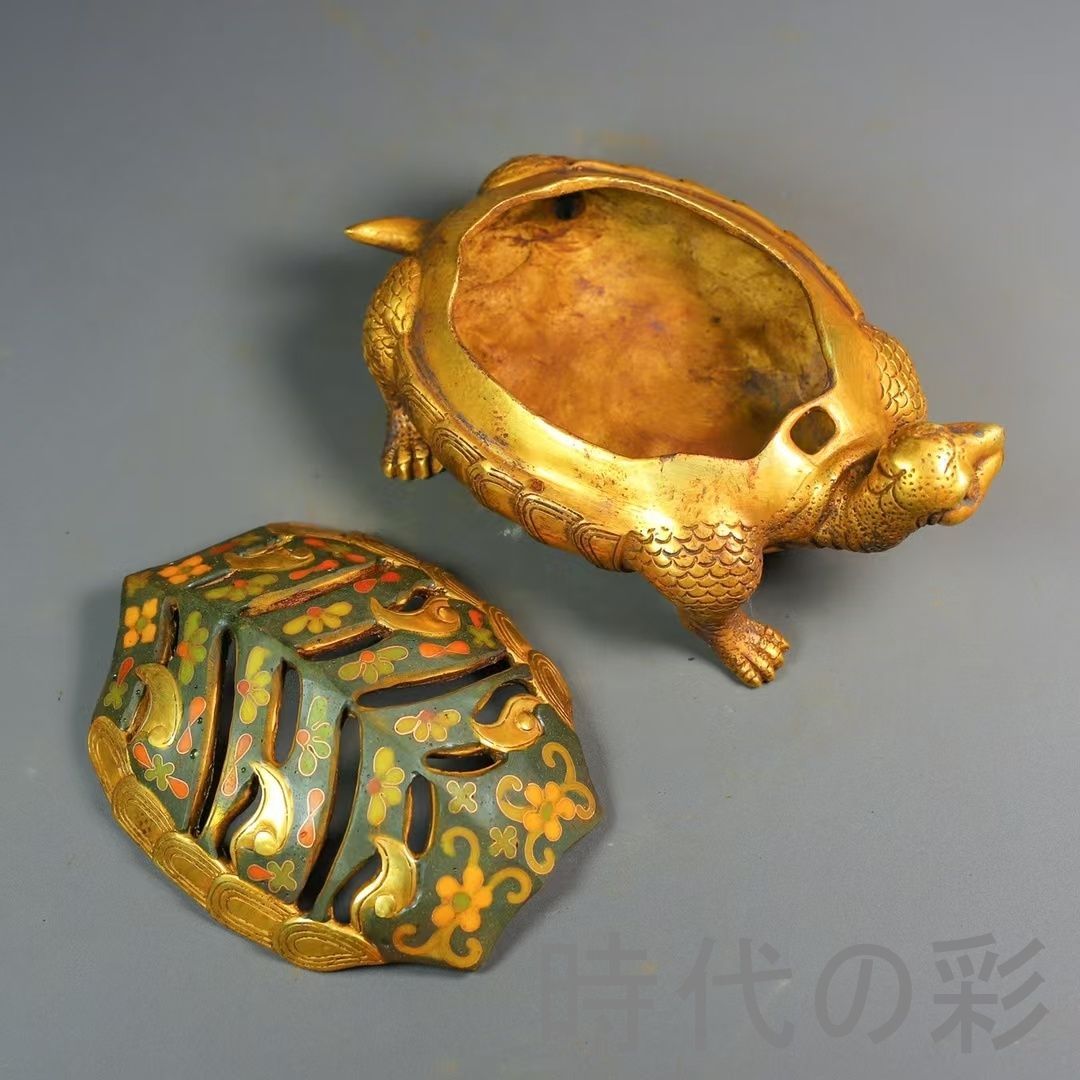 中国古美術 鍍金銅 描金 純銅製 景泰藍 亀型香炉 仏具 香道用 伝統工芸