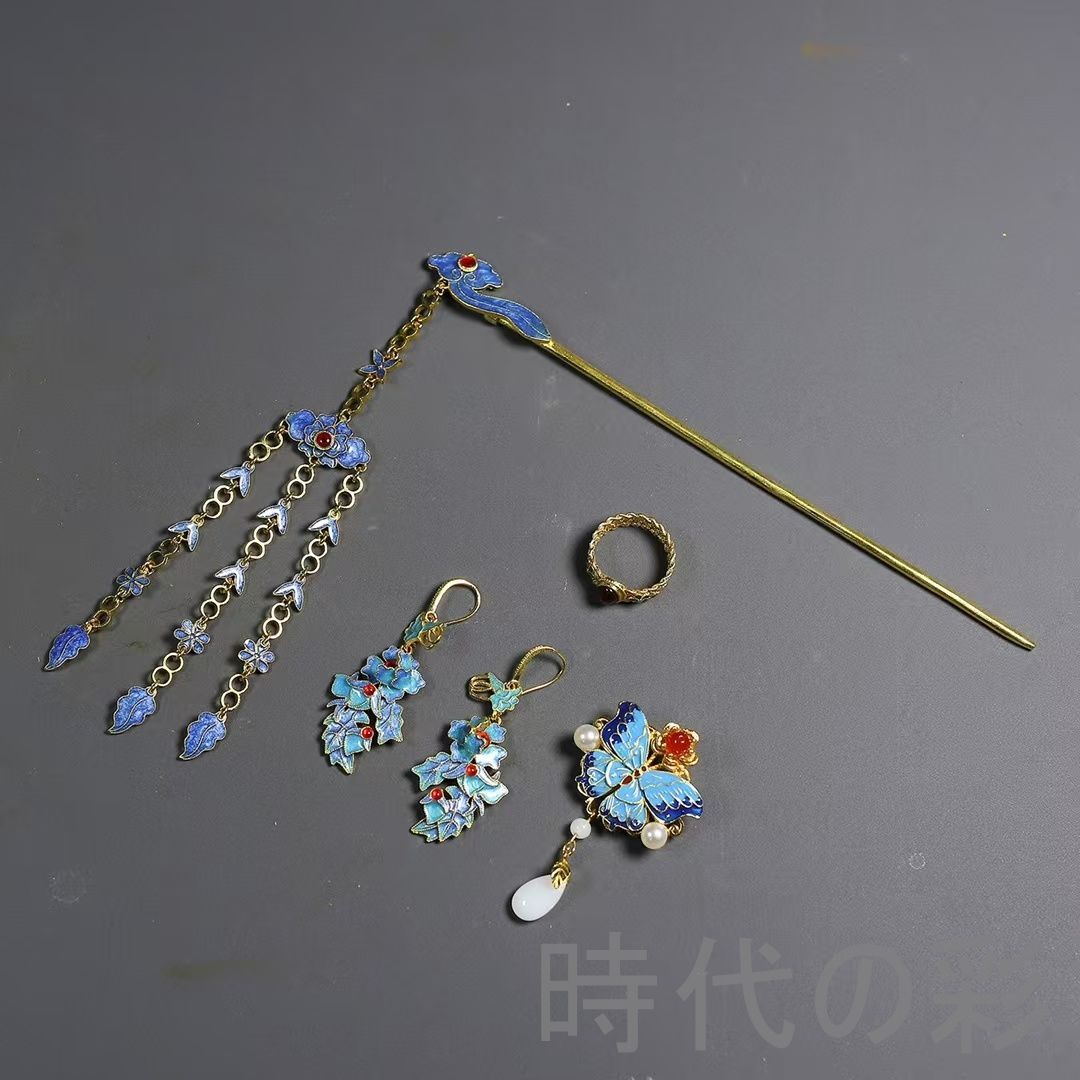 中国古美術 鍍金銅 描金 純銅製 景泰藍 装身具一式 工芸品 観賞用 収蔵 