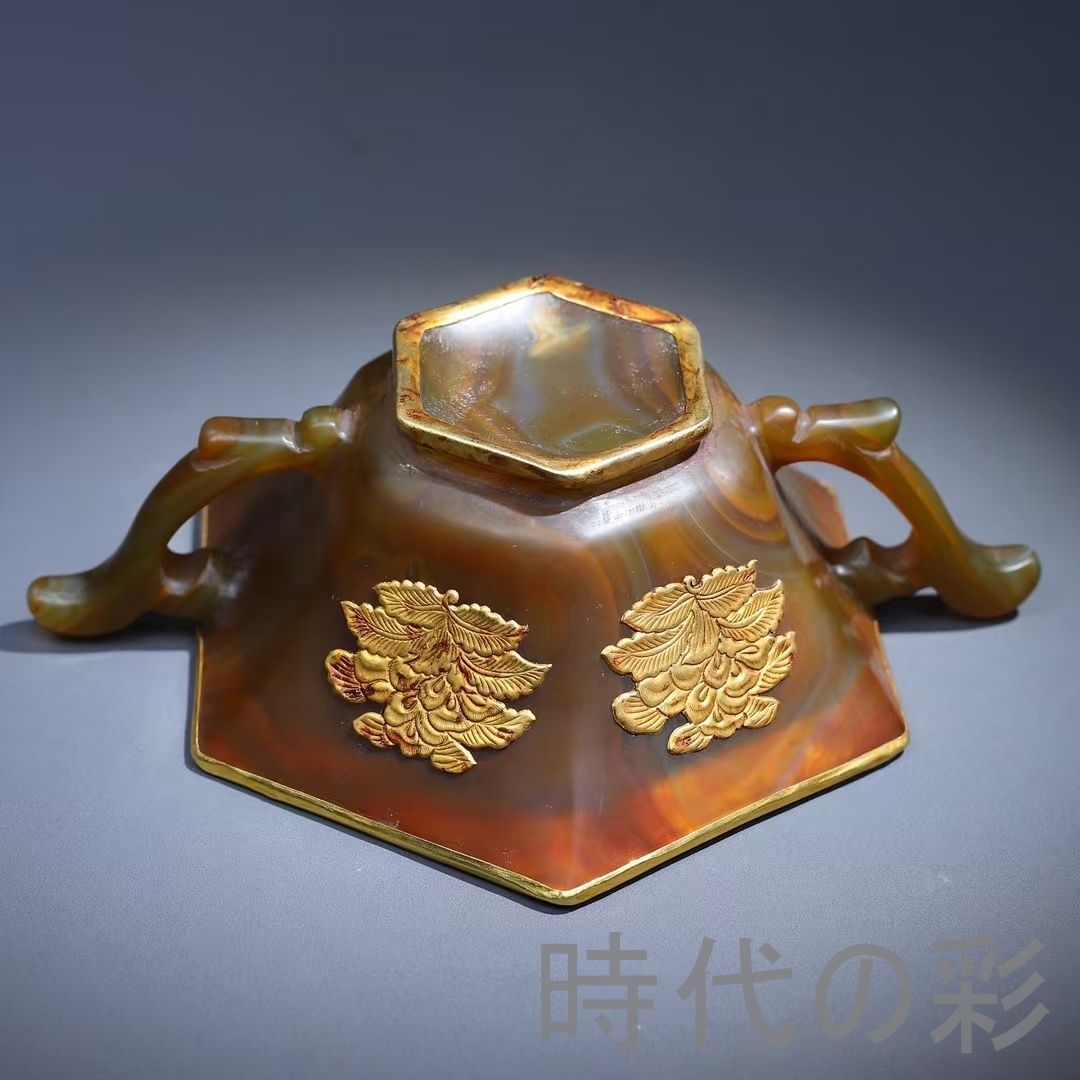 中国古美術 天然瑪瑙嵌 銅製菓子碗 供物器 描金 純銅製 茶席用 観賞用