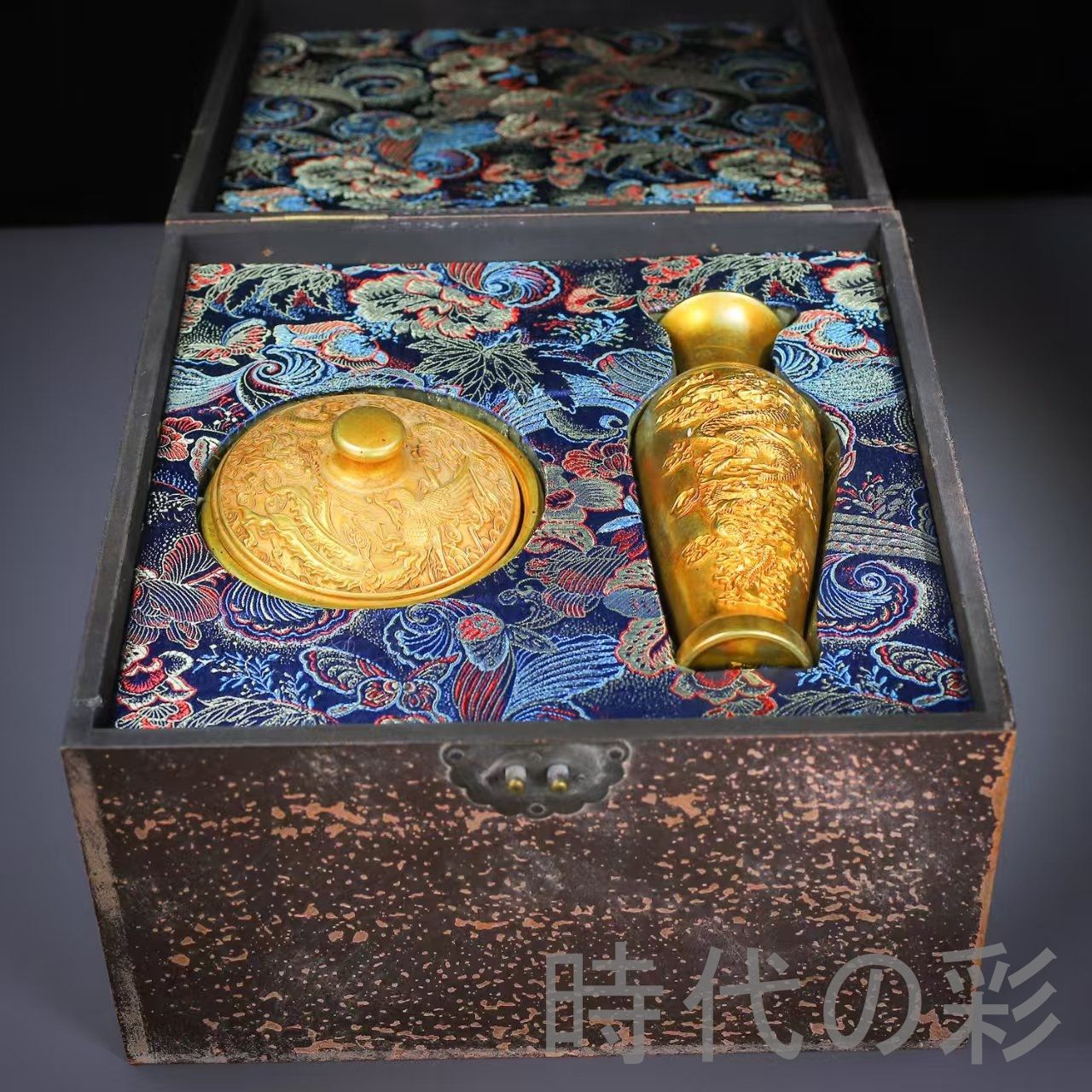 中国古美術 龍鳳文 鍍金銅 描金 純銅製 花瓶揃 供養用 床の間飾り 伝統