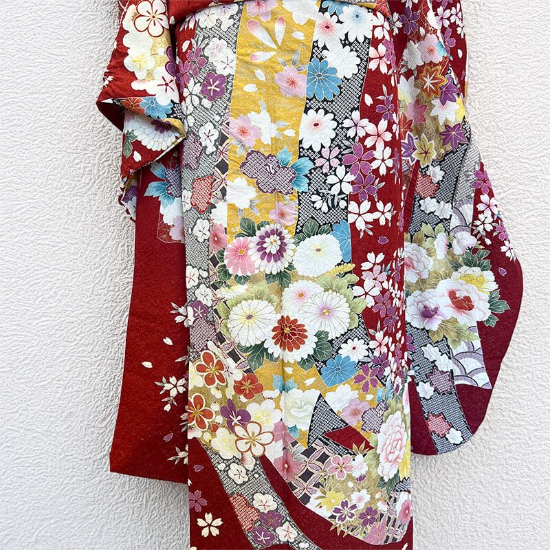 良品 振袖 セット 販売 コーディネイト 3点 成人式 正絹 赤 金 伝統