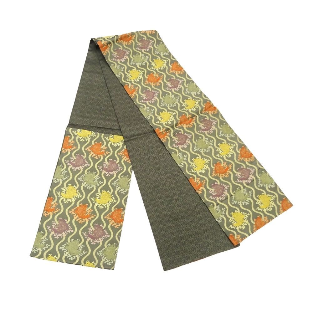 袋帯 正絹 リユース 中古 美品 焦茶 立涌向鳥 名物裂文様 K12-006-8