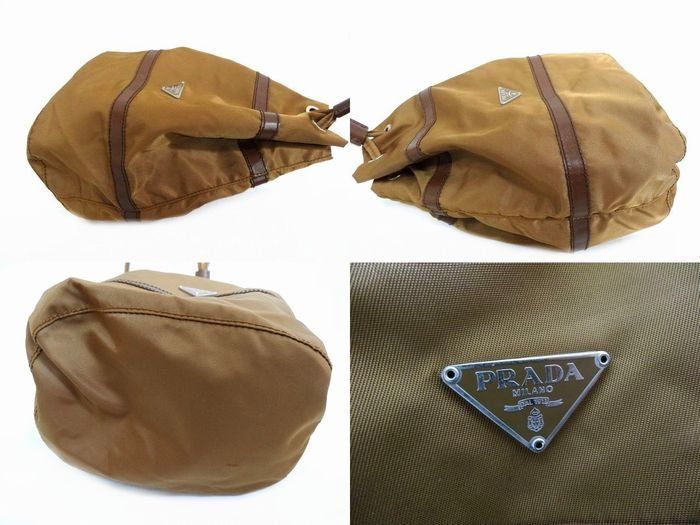 PRADA プラダ □ 巾着バッグ 三角ロゴ ナイロン レザー ブラック
