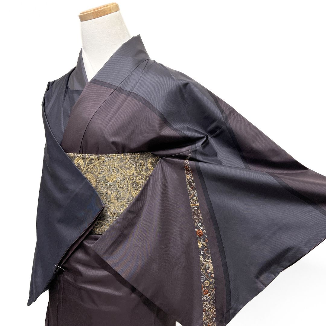 大島紬 付け下げ スワトウ刺繍 金糸 花 七宝 紋無し 着物 013b d ms 