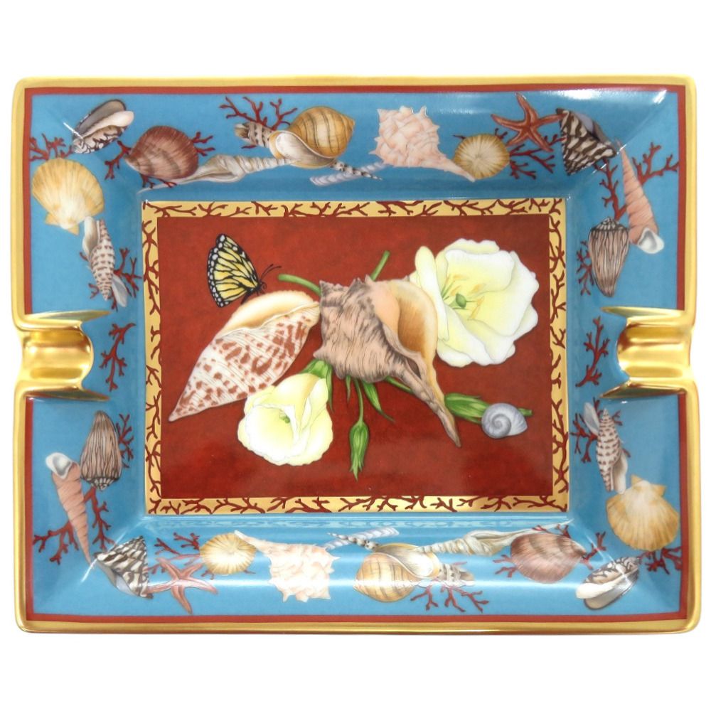 HERMES アッシュトレイ 灰皿 鳥 花 蝶 ブルー aq11766 HERMES アッシュトレイ 灰皿 鳥 花 蝶 ブルー aq11766 HERMÈS 陶器製