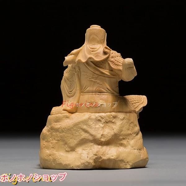木彫り 関羽像 三国志風 武将 置物 ツゲ材 手作り インテリア 車載置物