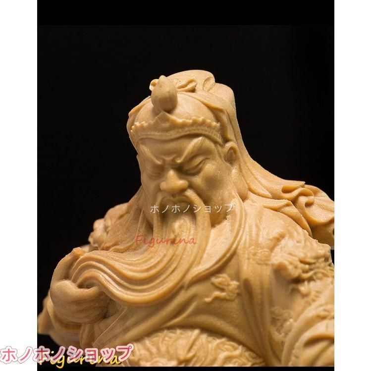 木彫り 関羽像 三国志風 武将 置物 ツゲ材 手作り インテリア 車載置物
