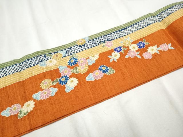 平和屋着物▽つけ帯 型染め 紬地 草花文 金彩 正絹 逸品 CABB9456hy