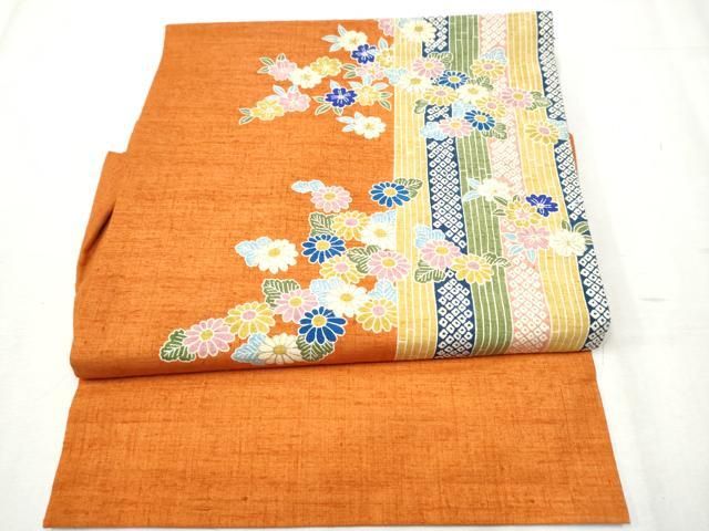 平和屋着物●全通柄　京袋帯　紬地　藍　型染め　更紗花文　正絹　逸品　BAAV9267mz 平和屋着物▽つけ帯 型染め 紬地 草花文 金彩 正絹 逸品 CABB9456hy