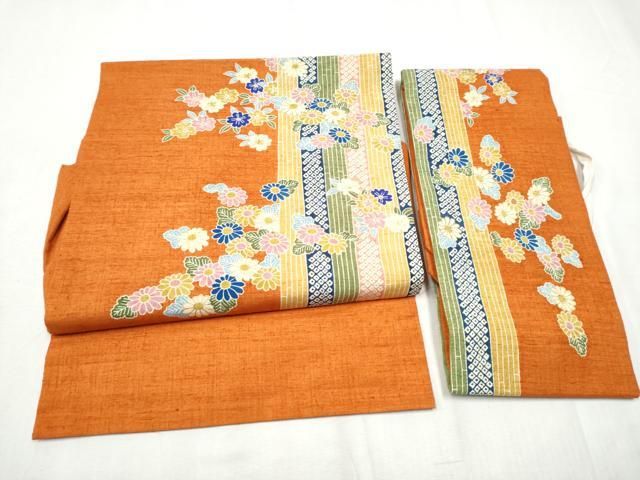 平和屋着物▽つけ帯 型染め 紬地 草花文 金彩 正絹 逸品 CABB9456hy