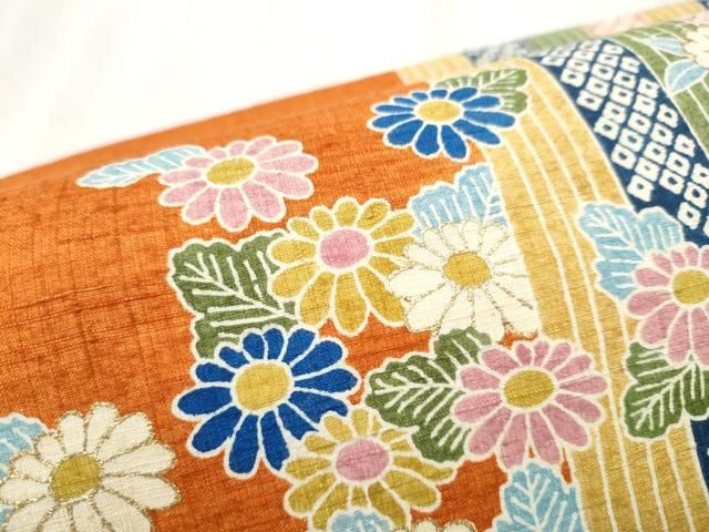 平和屋着物▽つけ帯 型染め 紬地 草花文 金彩 正絹 逸品 CABB9456hy