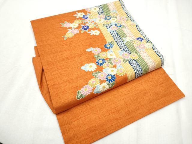 平和屋着物▽つけ帯 型染め 紬地 草花文 金彩 正絹 逸品 CABB9456hy