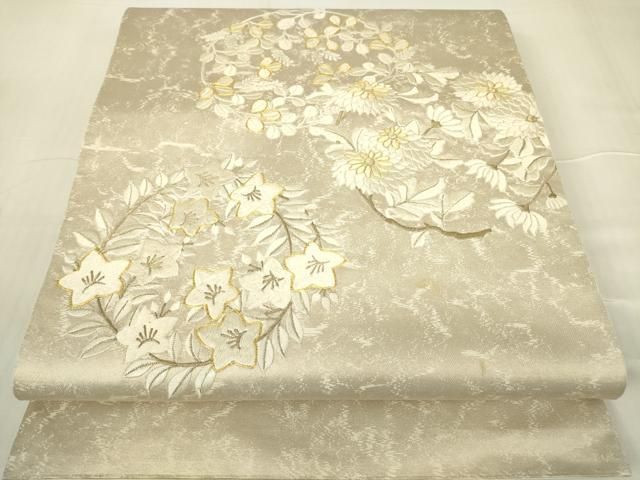 平和屋着物▽太鼓柄袋帯 駒刺繍 総刺繍 花丸文 金糸 引箔 正絹 逸品