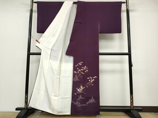 平和屋着物▽豪華色留袖 総刺繍 風景草花文 金銀糸 鬼しぼ縮緬 正絹