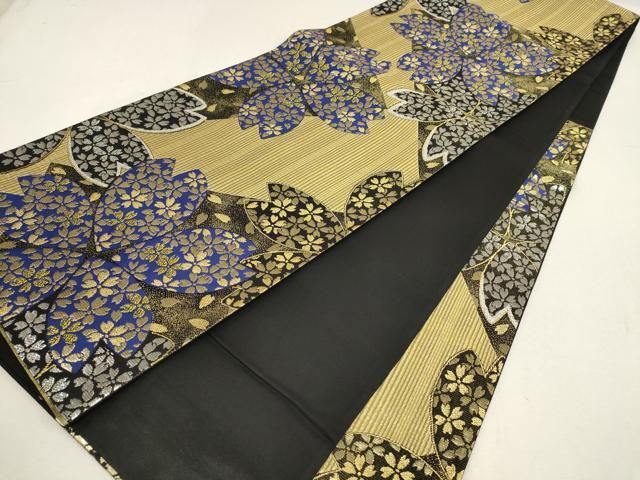 平和屋着物▽六通柄袋帯 舞桜文 黒地 金銀糸 正絹 逸品 AABE9567wj