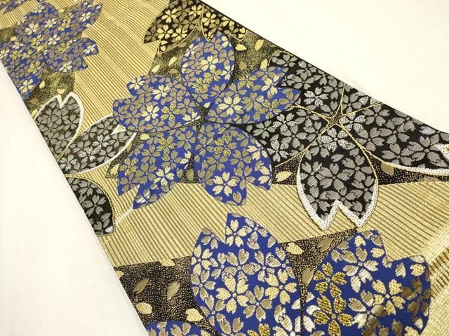 平和屋着物▽六通柄袋帯 舞桜文 黒地 金銀糸 正絹 逸品 AABE9567wj