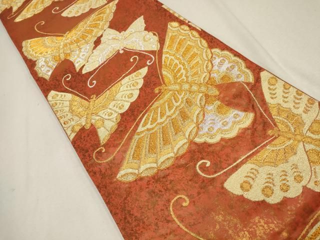 平和屋着物▽西陣 河合美術織物謹製 六通柄袋帯 舞蝶文 金銀糸 正絹