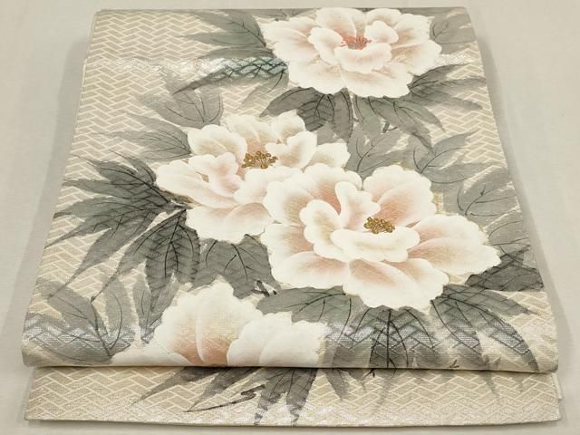 平和屋着物▽太鼓柄袋帯 手描き 草花文 金銀糸 正絹 逸品 AABE9691wj