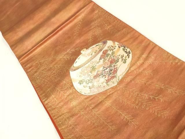 平和屋着物▽太鼓柄袋帯 刺繍 陶器花文 金彩 正絹 逸品 AABE9707wj