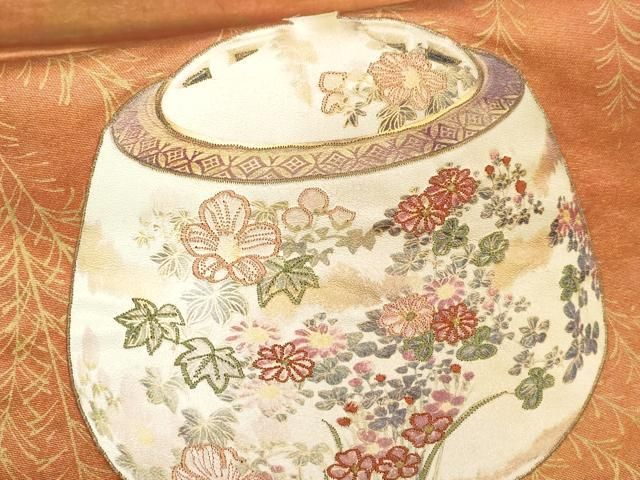 平和屋着物▽太鼓柄袋帯 刺繍 陶器花文 金彩 正絹 逸品 AABE9707wj