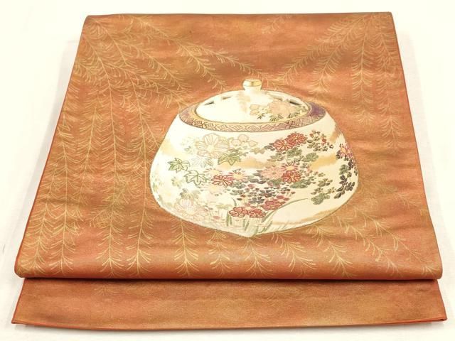 平和屋着物▽太鼓柄袋帯 刺繍 陶器花文 金彩 正絹 逸品 AABE9707wj