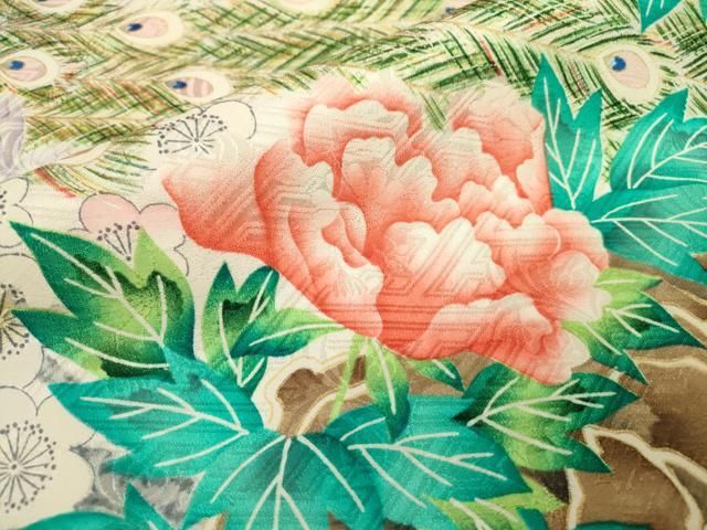 平和屋着物▽豪華振袖 絞り 孔雀牡丹枝梅文 正絹 逸品 DABB1191fe