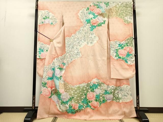 平和屋着物▽豪華振袖 絞り 孔雀牡丹枝梅文 正絹 逸品 DABB1191fe