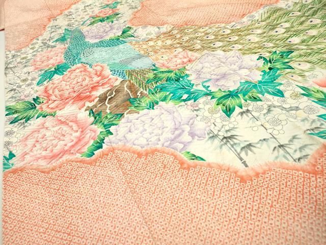 平和屋着物▽豪華振袖 絞り 孔雀牡丹枝梅文 正絹 逸品 DABB1191fe