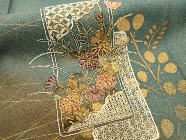 平和屋着物□訪問着 中国三大刺繍 汕頭刺繍 スワトウ刺繍 短冊花文 暈