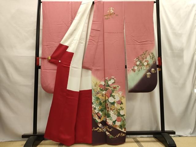 平和屋着物□豪華振袖 駒刺繍 扇面鳳凰花車文 暈し染め 金彩 正絹 逸品