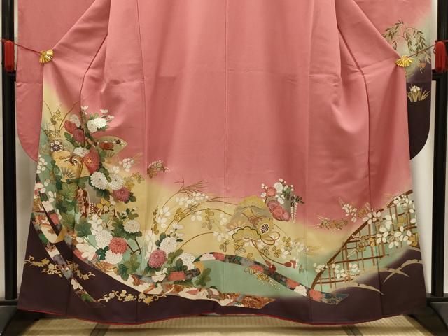 平和屋着物□豪華振袖 駒刺繍 扇面鳳凰花車文 暈し染め 金彩 正絹 逸品