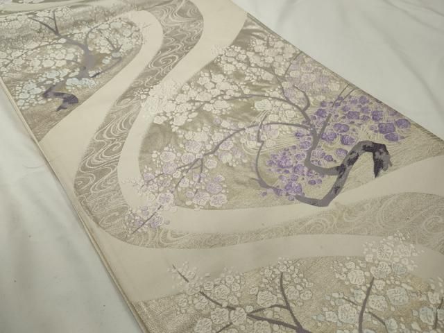 平和屋着物◎六通柄袋帯 唐織 流水枝花文 銀糸 正絹 逸品 AABF3458gw