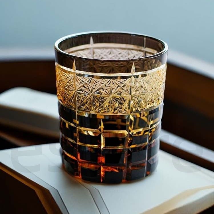 伝統工芸 江戸切子 手彫り ロックグラス 高級クリスタル硝子 250ml レトロ 和柄 ギフト 高級感 父の日 母の日 琥珀ブラック
