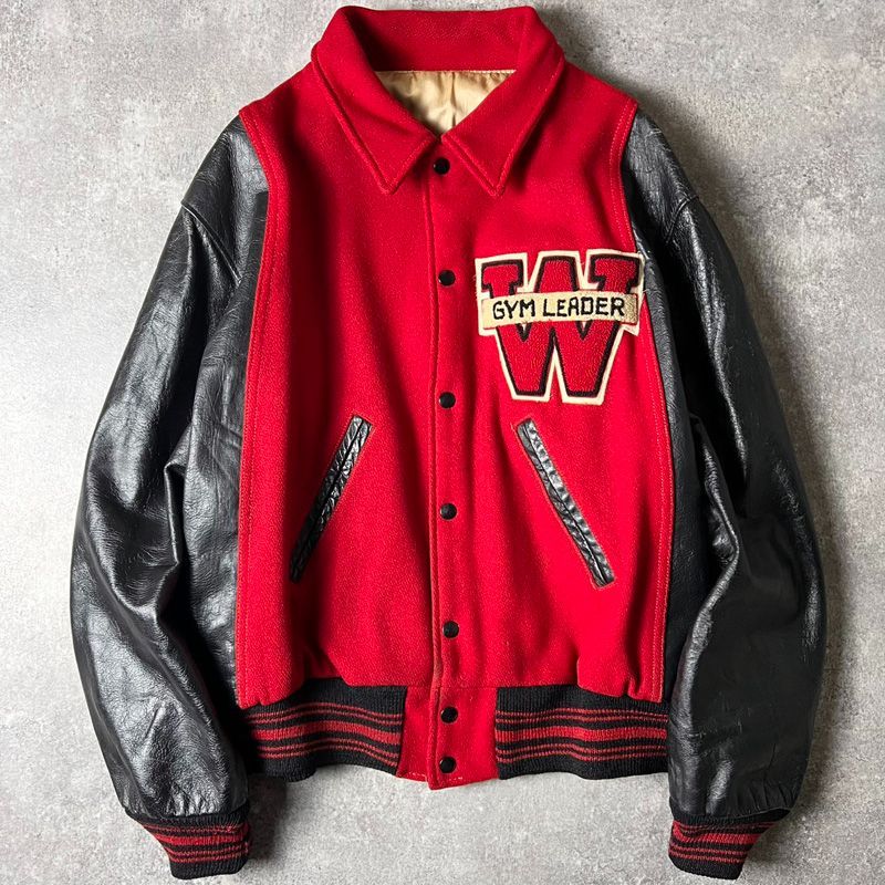 50s KAYE BROS サガラ ワッペン 襟付き レザー 切替 ウール スタジアム