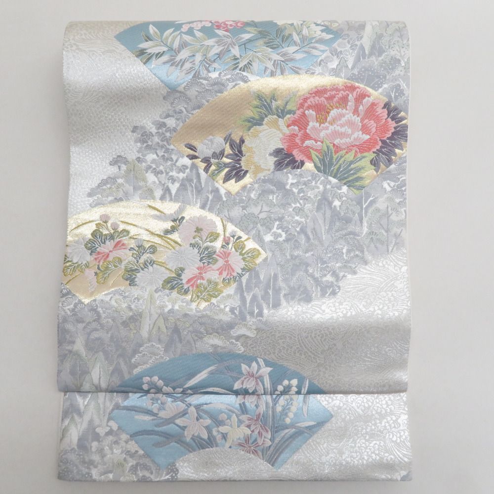 袋帯 正絹 シルバー系 銀色xピンク色x水色 パステル系 銀糸金糸 地紙